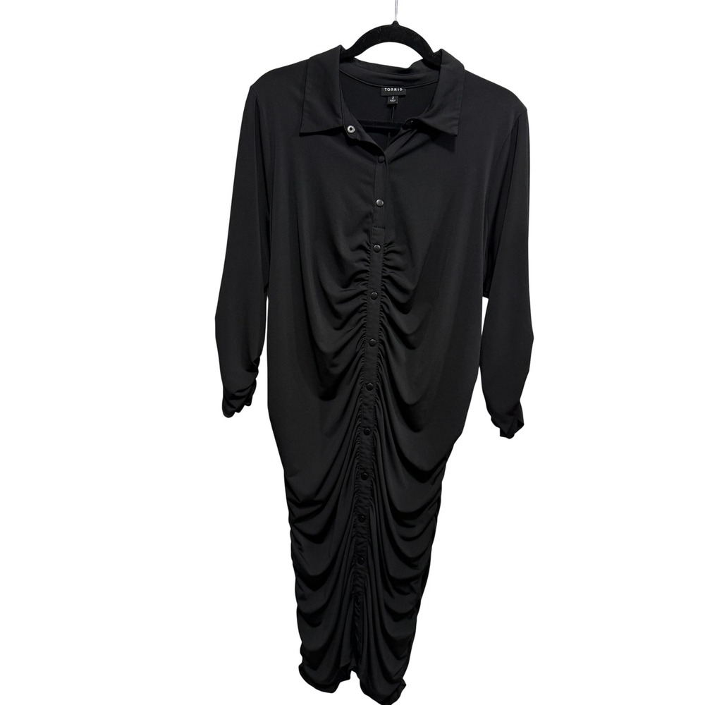 Torrid Black Studio Knit Shirred Button Front Shirtdress Size 2 Long Sleeve